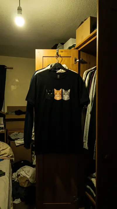 Tricou negru agățat în dulap, cu trei pisici brodate în rând