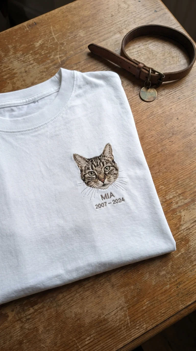 Tricou alb pe o masă de lemn, lângă o zgardă, cu portretul unei pisici, numele MIA și anii dedesubt