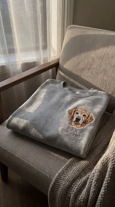 Bluză gri împăturită pe un fotoliu, cu portretul unui golden retriever bătrân, numele REX și anii dedesubt