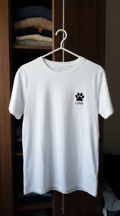 Tricou alb pe umeraș, cu o lăbuță brodată și numele LUNA dedesubt