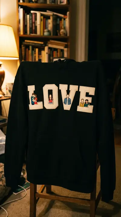 Bluză neagră cu LOVE în litere crem, pe spătarul unui scaun