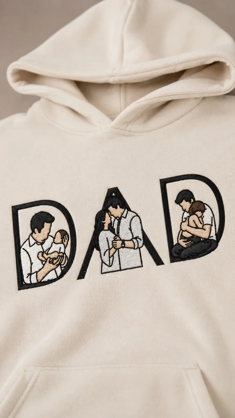 Prim-plan pe literele DAD de pe un hanorac crem