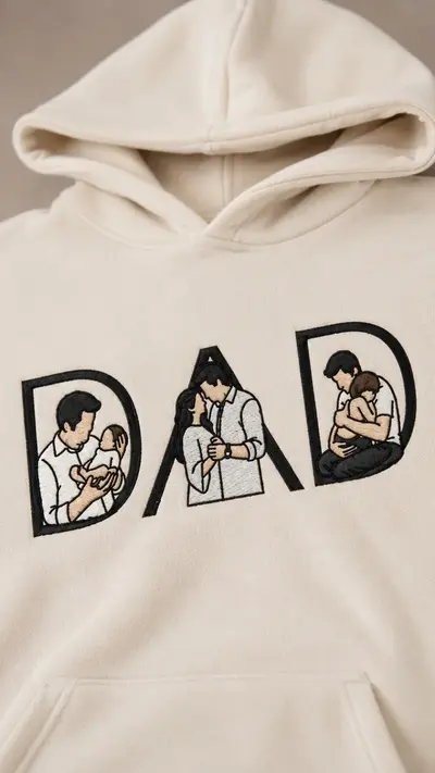 Prim-plan pe literele DAD de pe un hanorac crem