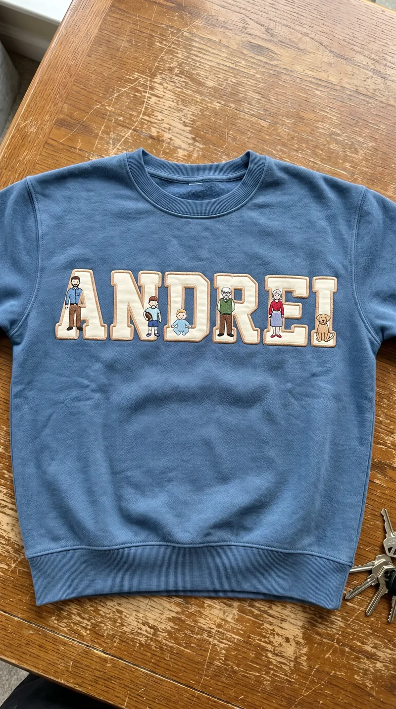 Bluză denim cu numele ANDREI în litere crem, pe o masă de lemn