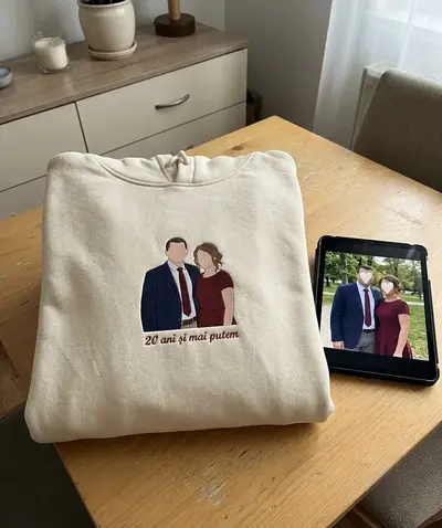 Bluză crem cu un cuplu desenat şi un text brodat dedesubt