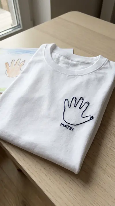 Tricou alb cu conturul mâinii unui copil brodat și numele MATEI dedesubt